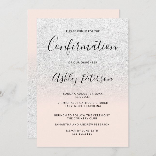 Invitation Chic blanc faux parties scintillant rose ombre con (Devant / Derrière)
