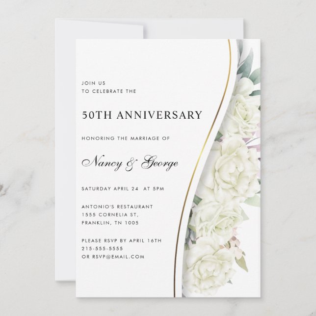 Invitation Chic Blanc Floral Foliage 50e anniversaire Mariage (Devant)