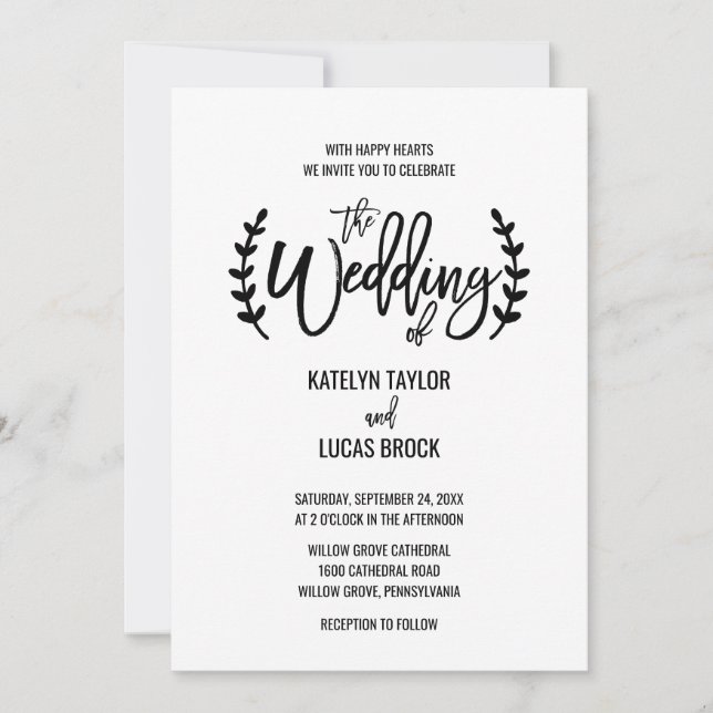 Invitation Chic Blanc Noir Branches Mariage (Devant)