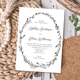 Invitation Chic blanc noir rustique Fleur sauvage Mariage de