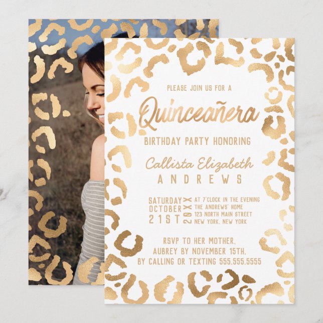 Invitation Chic Blanc Or Cheetah Leopard Quinceañera Photo (Devant / Derrière)