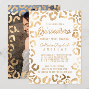 Invitation Chic Blanc Or Cheetah Leopard Quinceañera Photo