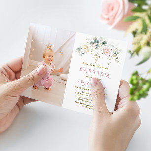 Invitation Chic Blanc Rose Floral Gold Girl Photo Baptême