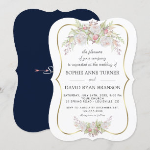 Invitation Chic blanc rose Roses Marine Mariage bleu or