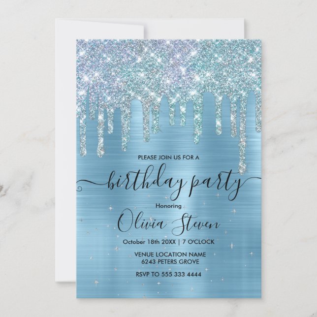 Invitation Chic bleu aqua goutte parties scintillant monogram (Devant)