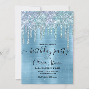 Invitation Chic bleu aqua goutte parties scintillant monogram