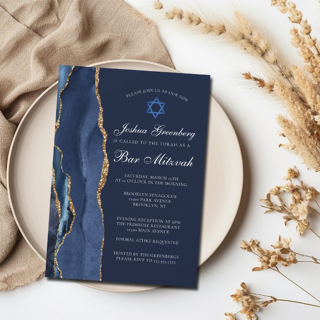 Invitation Chic Bleu Bleu Or Agate Bar Mitzvah Party (Créateur téléchargé)