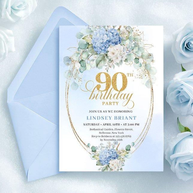 Invitation chic bleu clair florale or pour 90e ann (Chic Light Blue Floral Gold 90th Birthday Invitation)