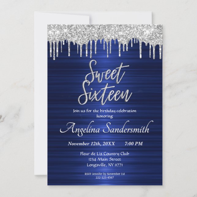 Invitation Chic Bleu Doux 16 Parties scintillant d'argent Inv (Devant)
