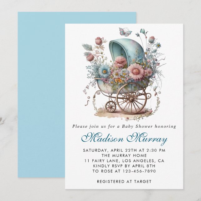 Invitation Chic bleu et rose floral Buggy poussette Baby Show (Devant / Derrière)