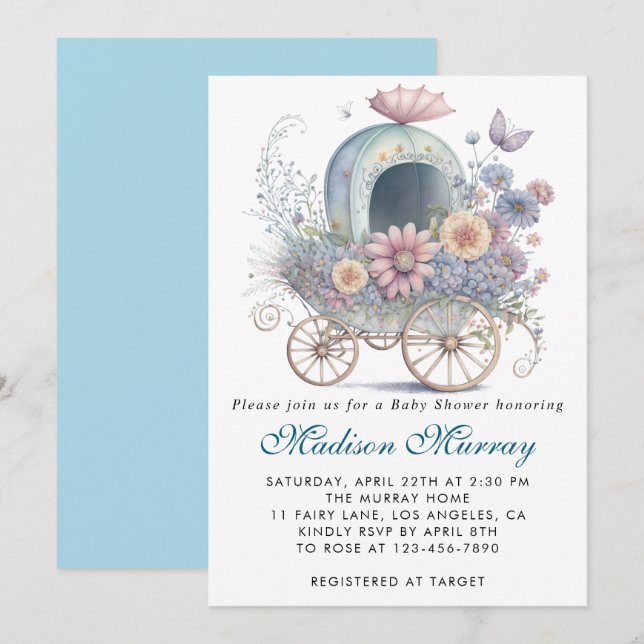 Invitation Chic bleu et rose floral chariot de bébé douche bé (Devant / Derrière)