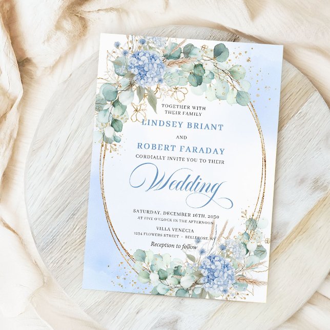 Invitation Chic Bleu Floral Eucalyptus Or Oval Mariage  (Chic Blue Floral Eucalyptus Gold Oval Wedding Invite)