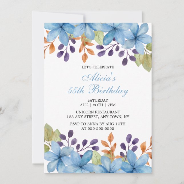 Invitation Chic Bleu Flore Aquarelle N'Importe Quel Âge Anniv (Devant)