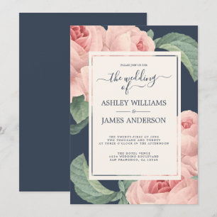 Invitation Chic bleu foncé rose rose rose Vintage Mariage