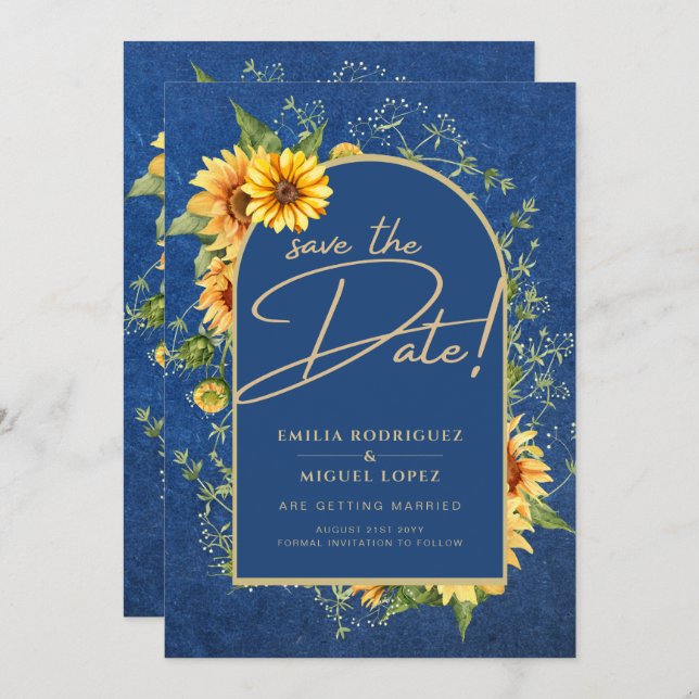 Invitation Chic Bleu Jaune Mariage All-in-1 (Devant / Derrière)