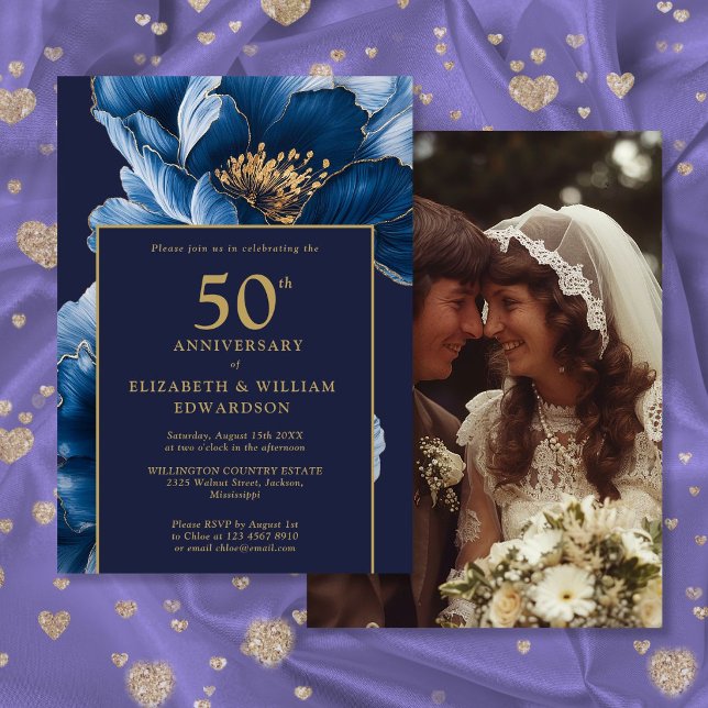 Invitation Chic Bleu Marine Or Floral 50e Anniversaire Photo (Chic Navy Blue Gold Floral 50th Anniversary Photo Invitation)