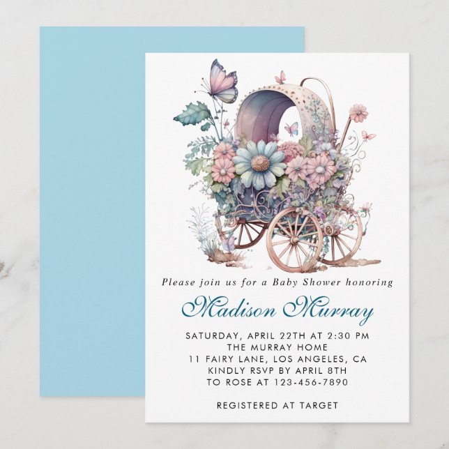 Invitation Chic Bleu & Rose Floral Chariot De Poussette Bébé  (Devant / Derrière)