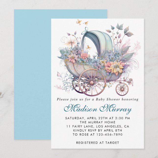 Invitation Chic Bleu & Rose Floral Chariot De Poussette Bébé  (Devant / Derrière)
