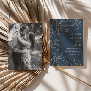 Invitation Chic Bleu & Rose Gold Foliage 1 Mariage photo