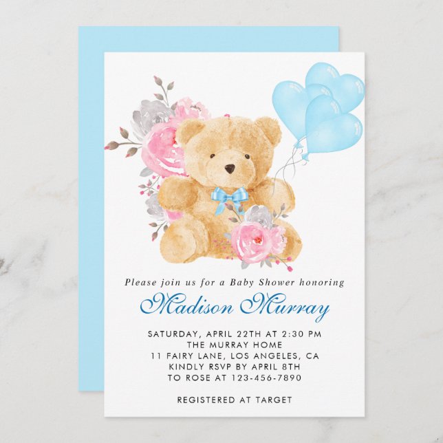 Invitation Chic bleu rose gris floral Baby shower Ours en Ted (Devant / Derrière)