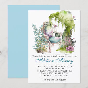 Invitation Chic Bleu & Vert Jardin Floral Chaise Baby shower