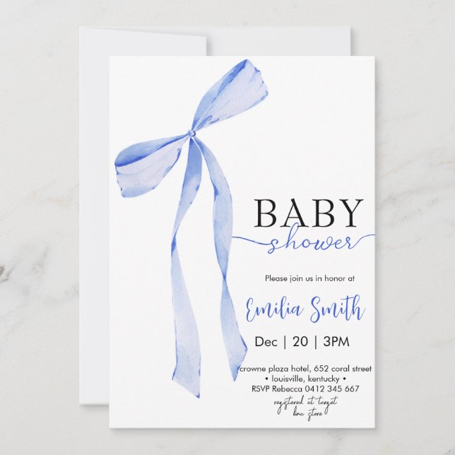 Invitation Chic Blue Boy Coquette Bow Baby shower (Devant)