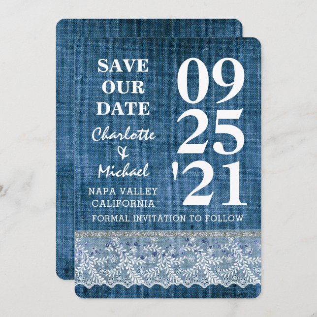 Invitation Chic Blue Denim Lace Moderne Enregistrer La Date (Devant / Derrière)