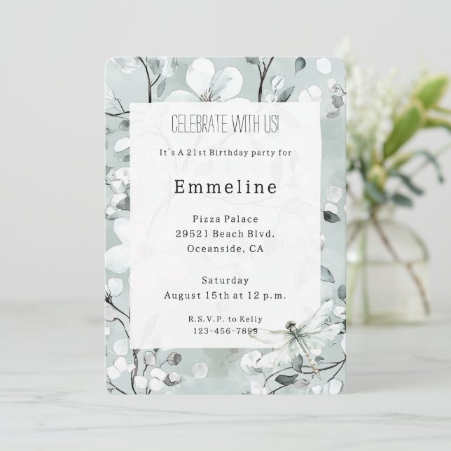 Invitation Chic Blue Dragonfly Dream Floral Anniversaire (Debout devant)