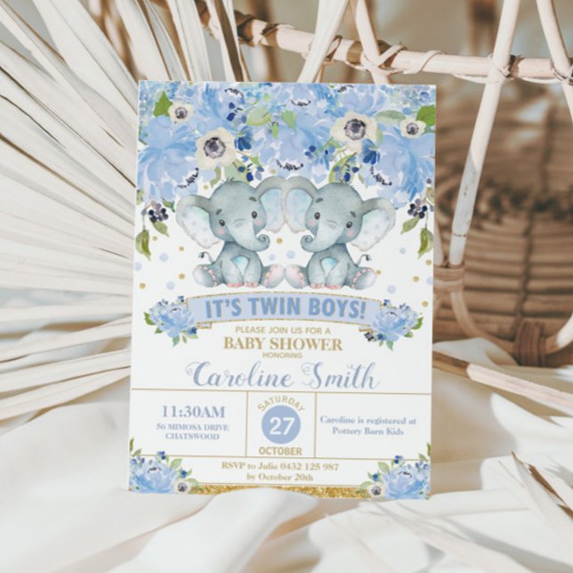 Invitation Chic Blue Floral Elephant Twins Baby shower Boys (Créateur téléchargé)
