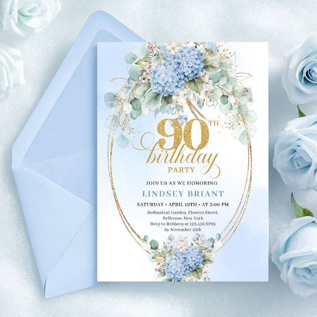 Invitation Chic Blue Floral Eucalyptus Gold 90th Birthday  (Chic Blue Floral Eucalyptus Gold 90th Birthday Invite)