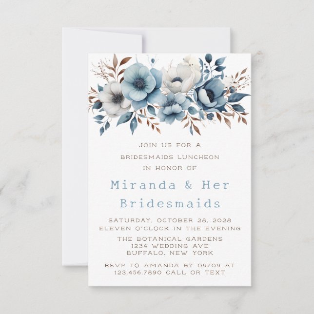 Invitation Chic Blue Flower Bridesmaigre Déjeuner (Devant)