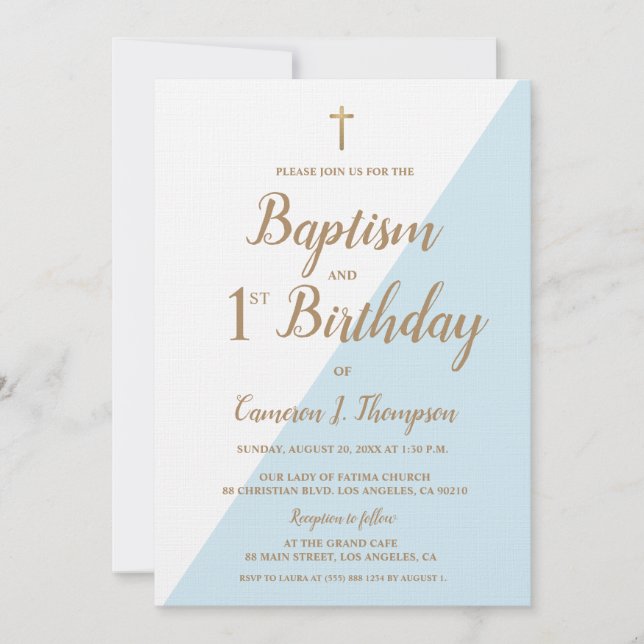 Invitation Chic Blue Gold Cross Baptême et 1er anniversaire (Devant)