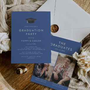 Invitation Chic Blue Grad Casquette Photo Double Graduation P