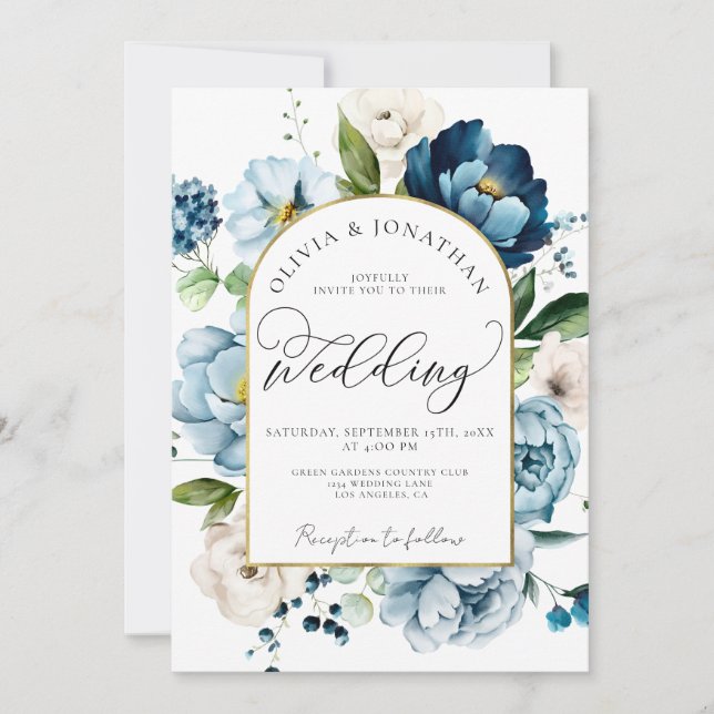 Invitation Chic Blue Navy tout en 1 Budget QR Code Mariage (Devant)