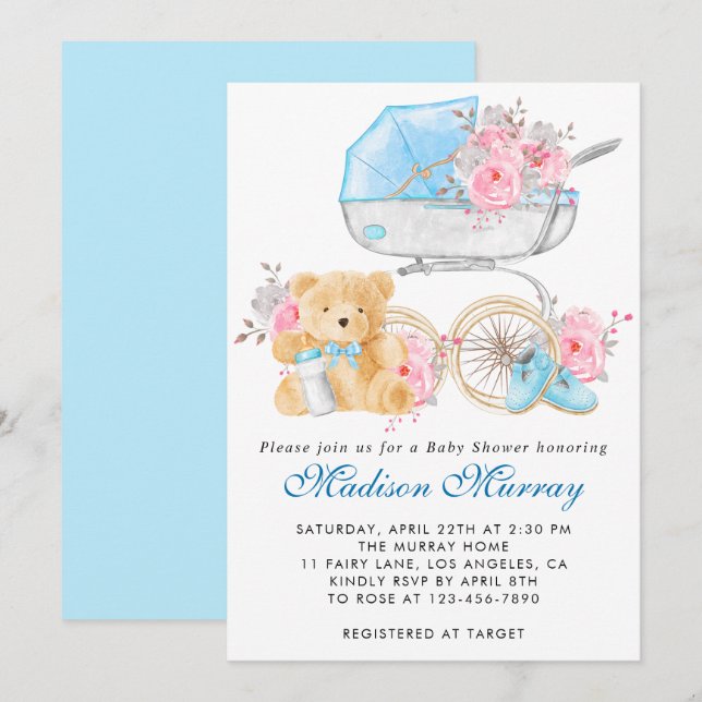 Invitation Chic Blue & Pink Fleurs Poussette Promenade Baby S (Devant / Derrière)