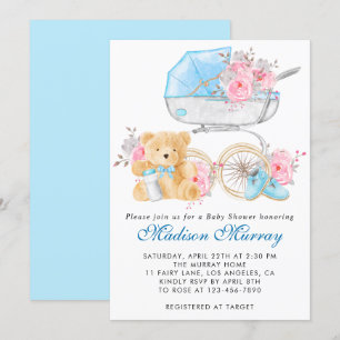 Invitation Chic Blue & Pink Fleurs Poussette Promenade Baby S