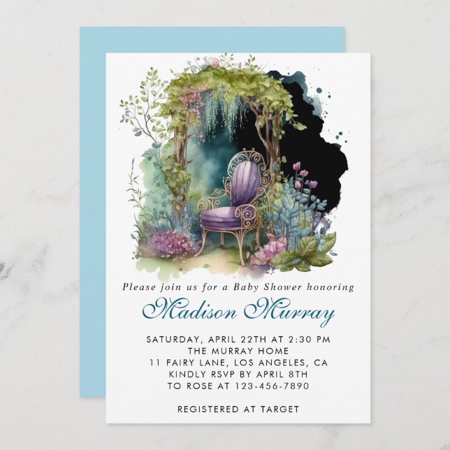 Invitation Chic Blue & Purple Floral Garden Chaise Baby showe (Devant / Derrière)