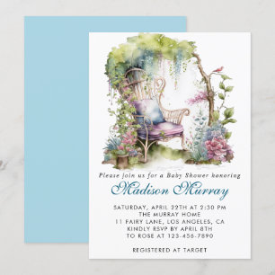 Invitation Chic Blue & Purple Floral Garden Chaise Baby showe