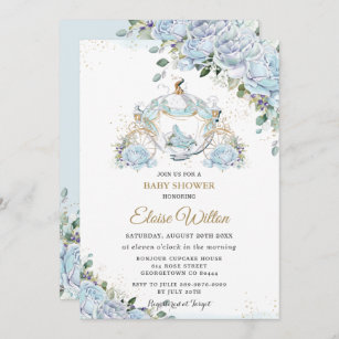 Invitation Chic Blue Roses Princess Carriage Baby shower
