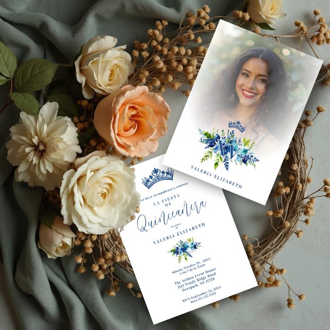 Invitation Chic Blue Shades Flowers & Foliage Princess Tiara  (Chic Blue Shades Flowers & Foliage Princess Tiara Mis XV Años Invitation Cards with Photo.)