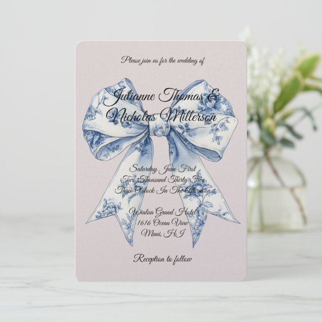 Invitation Chic Blue White Bow Blush Pink Wedding (Debout devant)