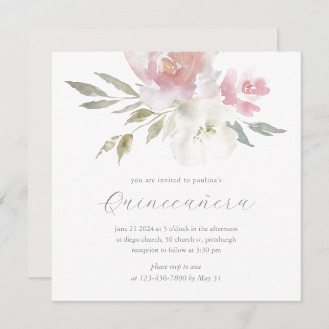 Invitation Chic Blush Aquarelle Florale Quinceanera Photo (Devant / Derrière)