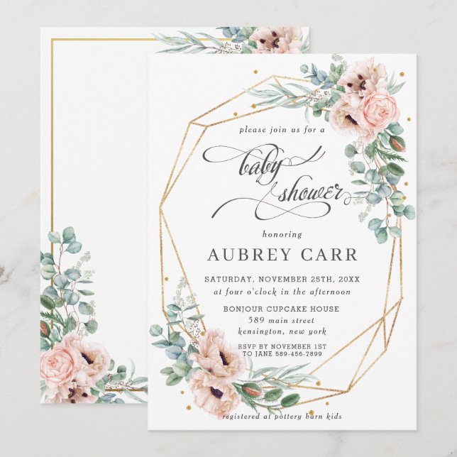Invitation Chic Blush Baby shower floral  géométrique Or (Devant / Derrière)