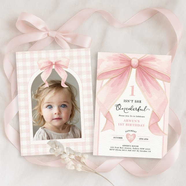 Invitation Chic Blush Bow rose ONE derful Girl 1er anniversai (Créateur téléchargé)