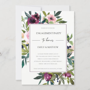 INVITATION CHIC BLUSH BURGUNDY FLORAL BUNCH ENGAGEMENT PARTY