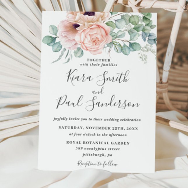Invitation Chic Blush Dusty Rose Floral Eucalyptus Mariage (Créateur téléchargé)