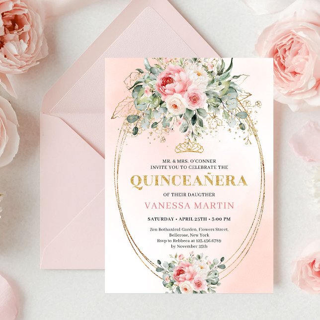 Invitation chic blush et or pour Quinceañera (Chic Blush and Gold Boho Quinceañera Invitation

)