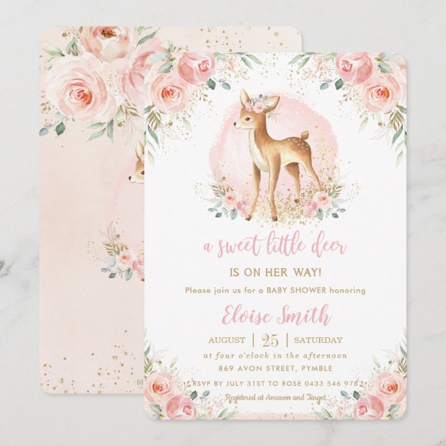 Invitation Chic Blush Floral Baby Deer Fawn Girl Baby shower (Devant / Derrière)