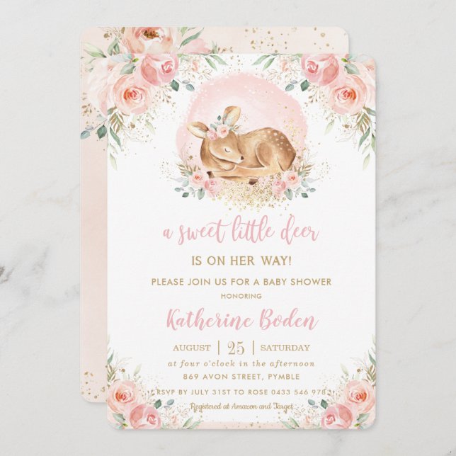 Invitation Chic Blush Floral Baby Deer Girl Baby shower (Devant / Derrière)