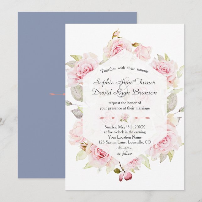 Invitation Chic Blush Floral géométrique Dusty Blue Mariage (Devant / Derrière)